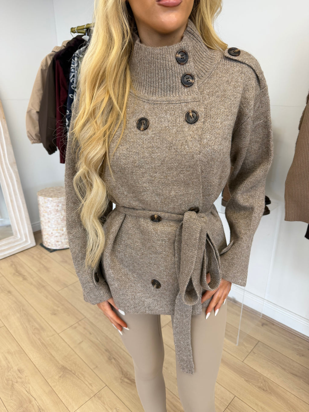 FRANCESCA Knitted High Neck Belted Jumper In Mocha