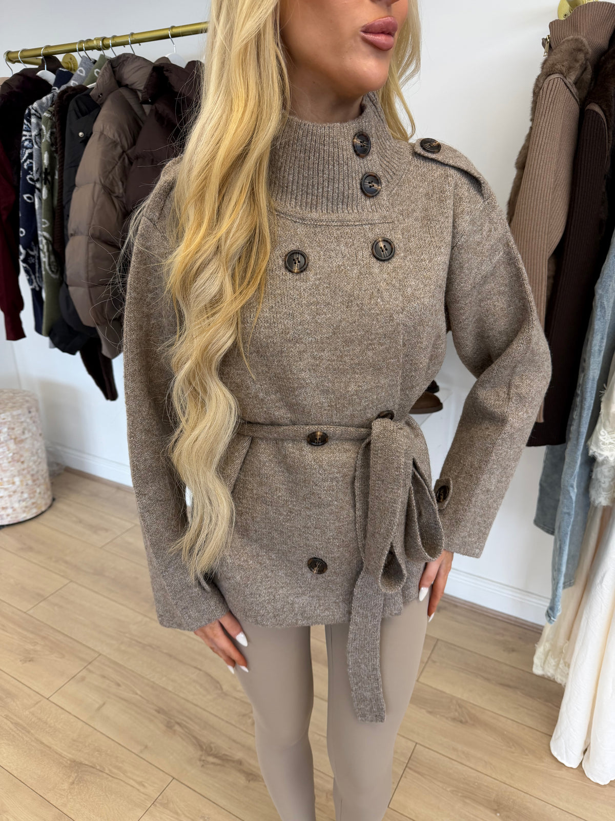 FRANCESCA Knitted High Neck Belted Jumper In Mocha
