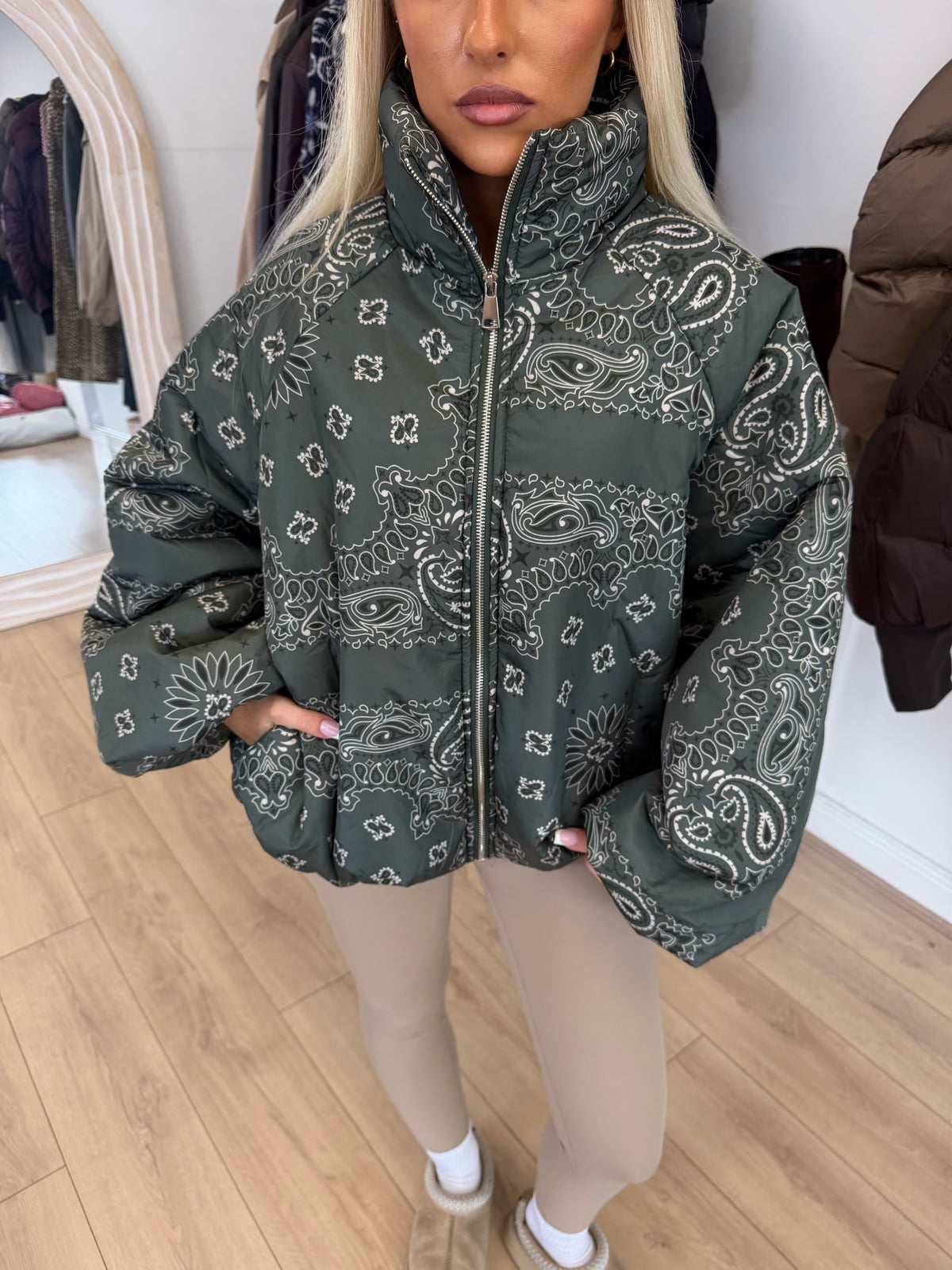 INDIE Paisley Puffer Oversized Jacket In Khaki