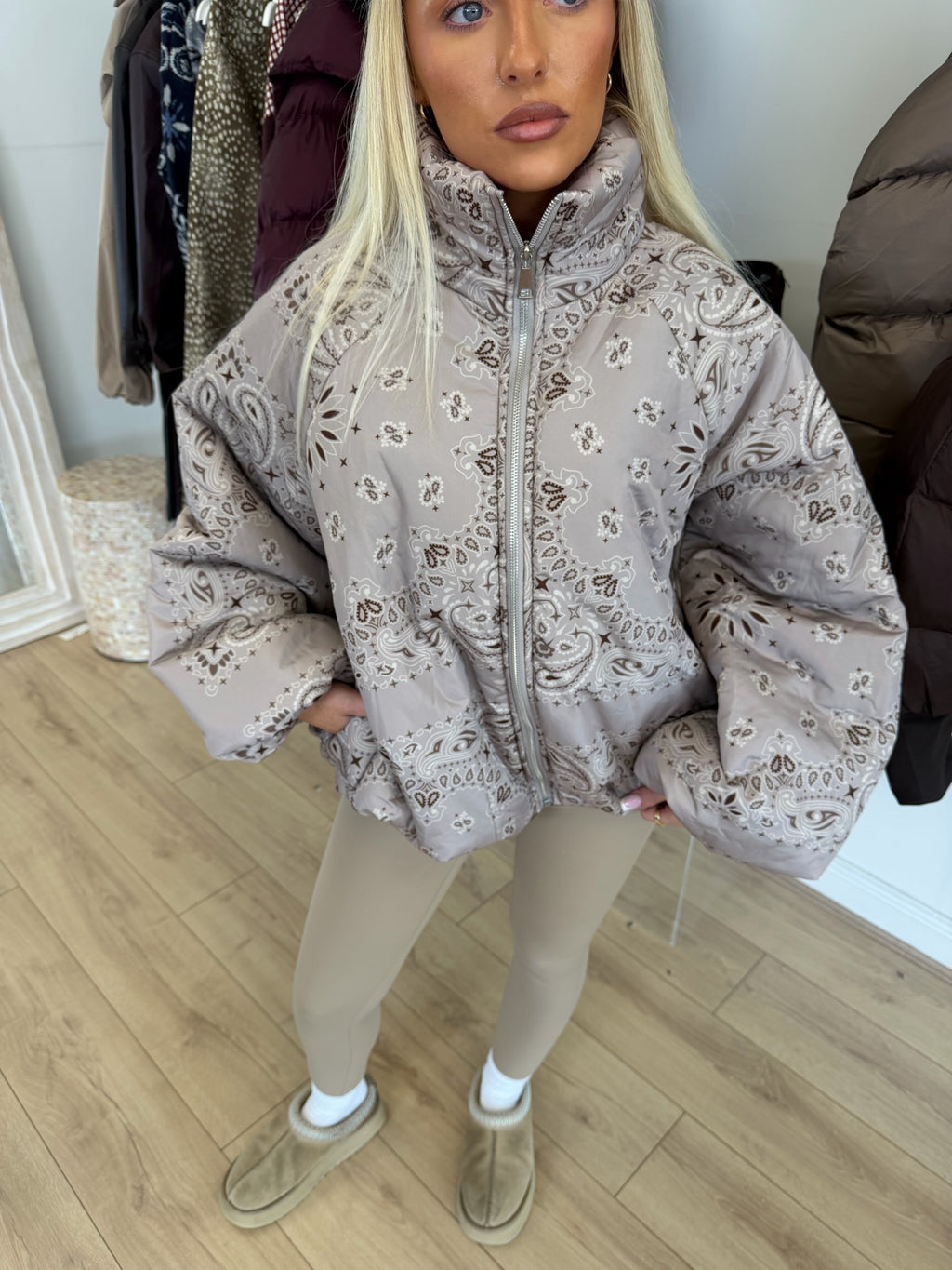 INDIE Paisley Puffer Oversized Jacket In Taupe