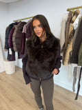 WREN Faux Fur Collar Knitted Zip Up Jacket In Chocolate
