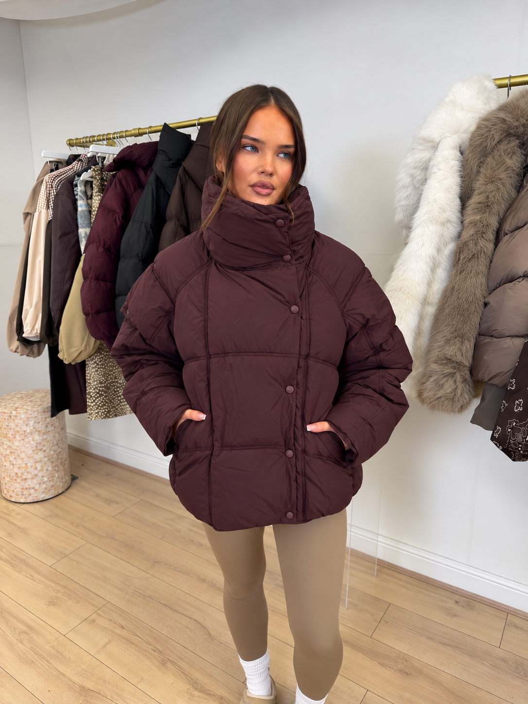 MABEL Oversized Collar Puffer Jacket In Burgundy