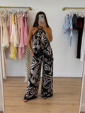 JASMIN Satin Halterneck Printed Trouser Co-Ord In Black