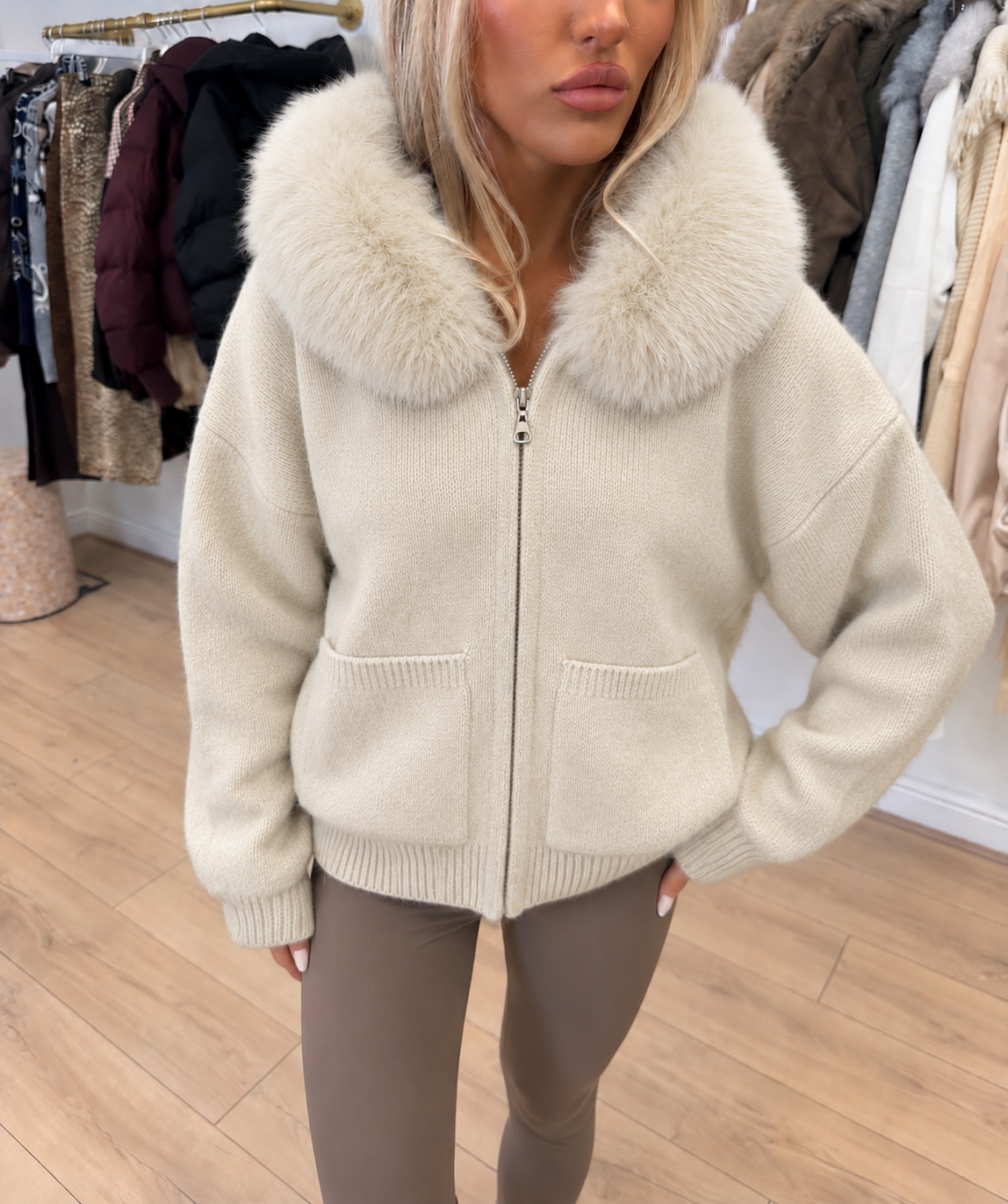 BONNIE Zip Up Knitted Faux Fur Hooded Cardigan In Cream