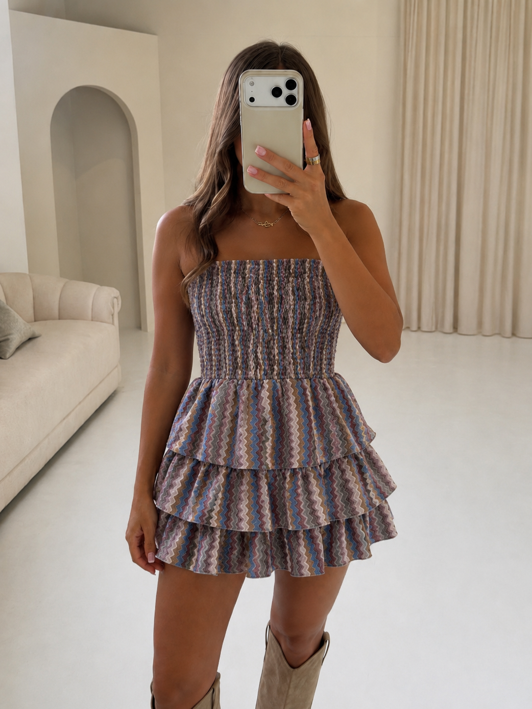 SPIRIT Bandeau Ruffle Striped Playsuit In Lilac