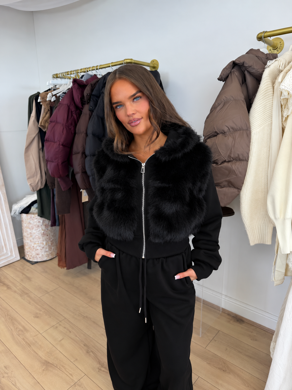 AUBREY Hooded Faux Fur Zip Up Jacket & Wide Leg Trouser Co-Ord In Black