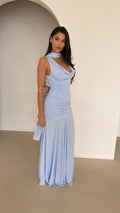 CORDELIA Ruched Drape Scarf Maxi Dress In Powder Blue