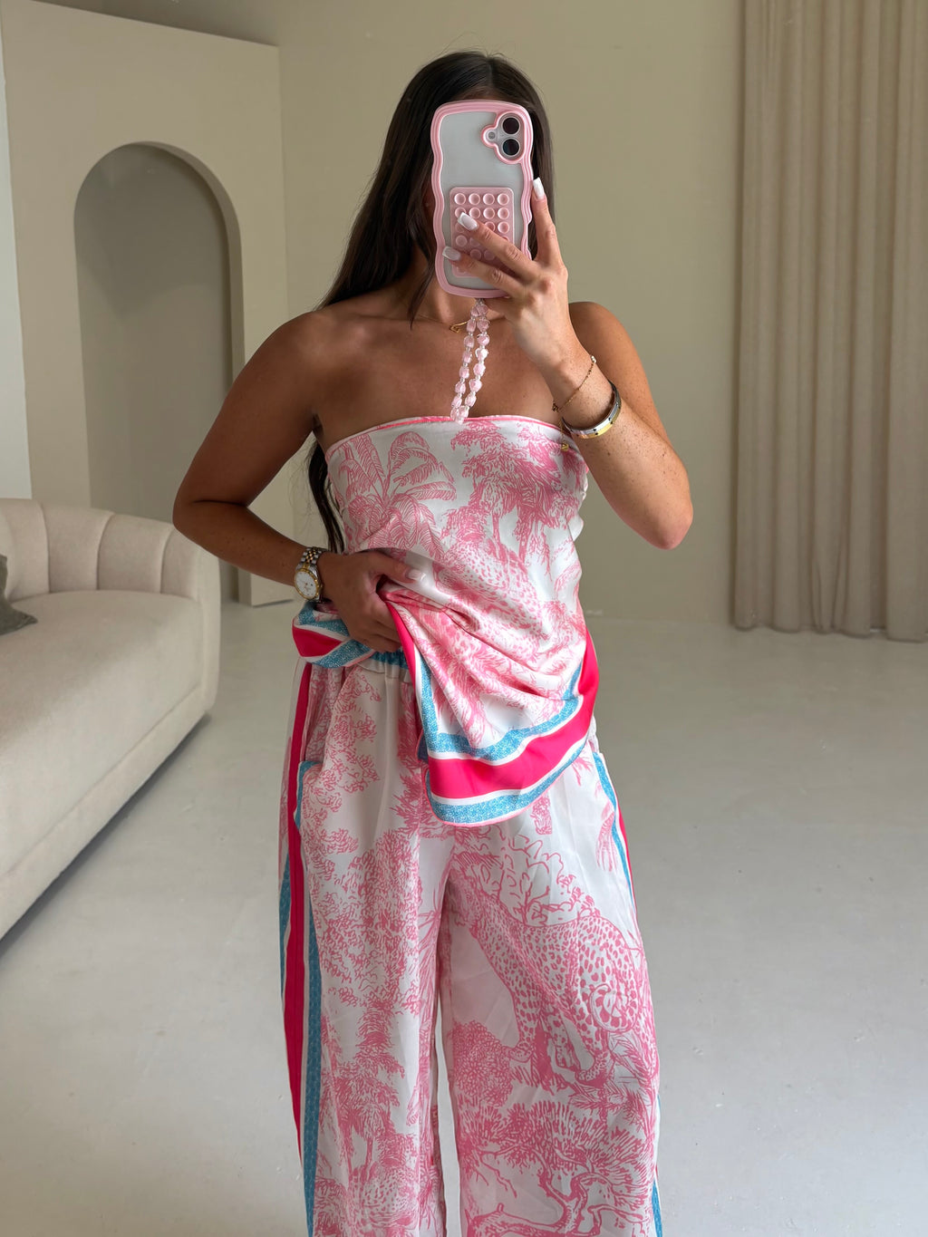 RIVIERA Satin Bandeau Printed Scarf Top & Trouser Co-Ord In Pink