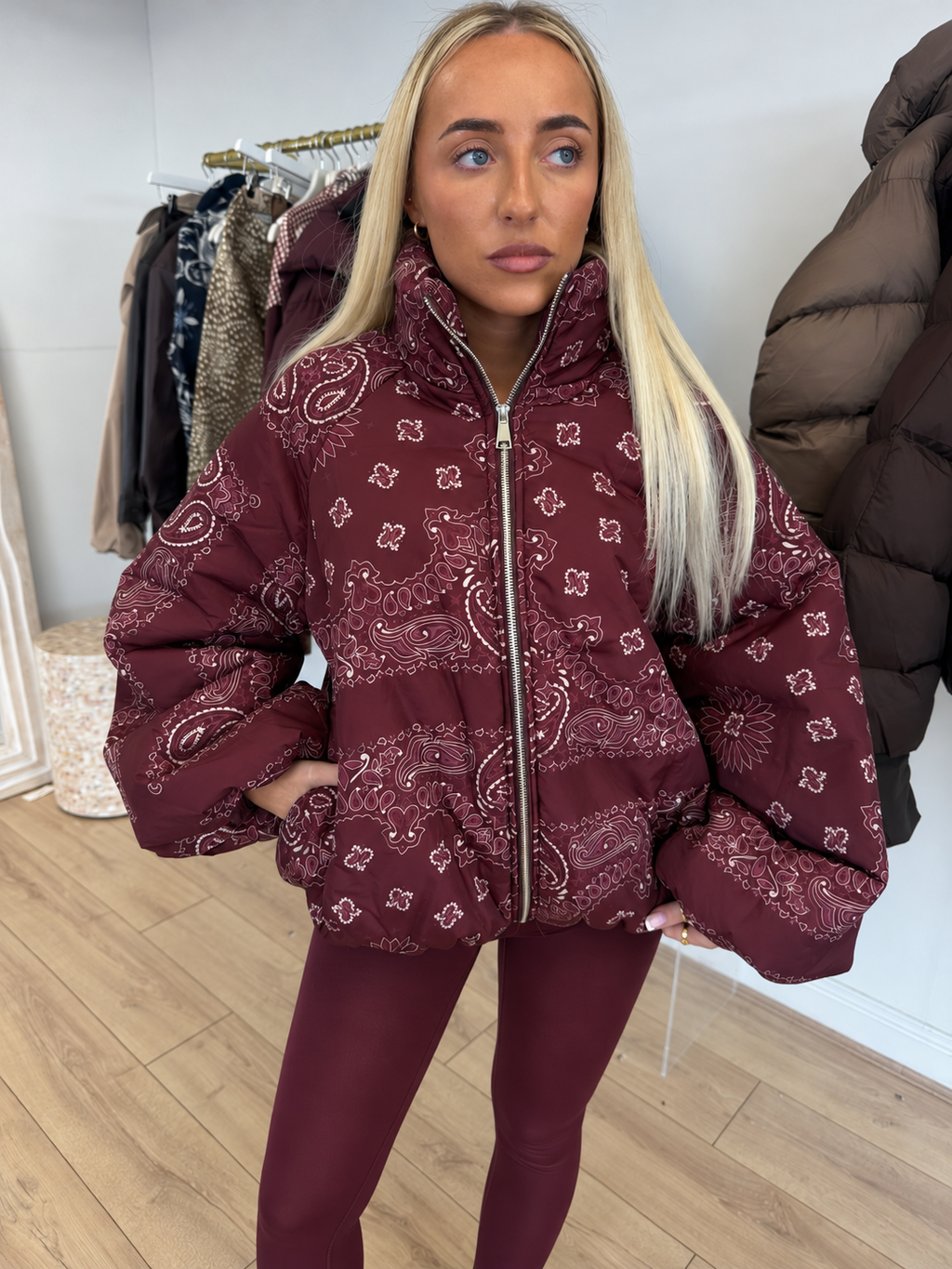 INDIE Paisley Puffer Oversized Jacket In Burgundy