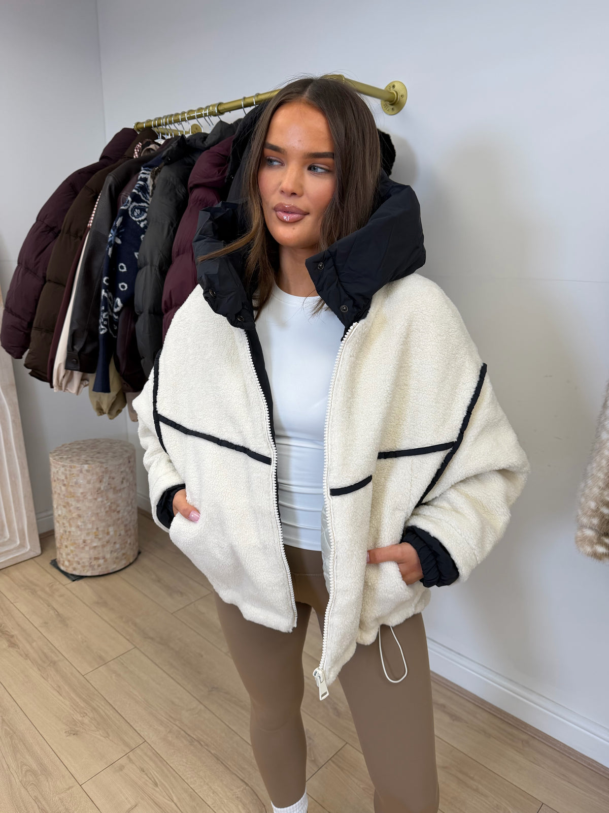 SUNDAY Teddy Fleece Hooded Jacket In White & Black