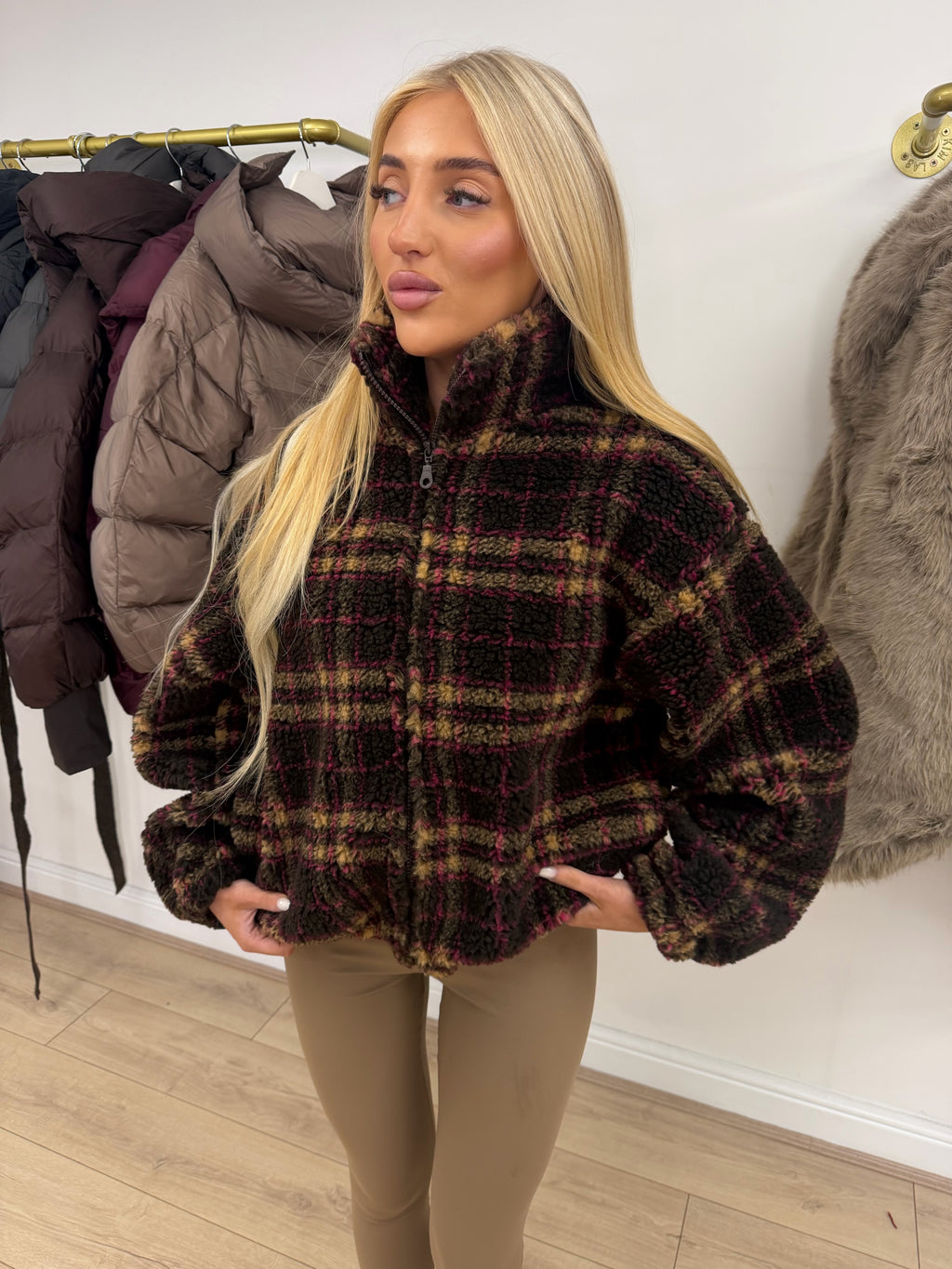 FRANKIE Zip Up Tartan Fleece In Chocolate