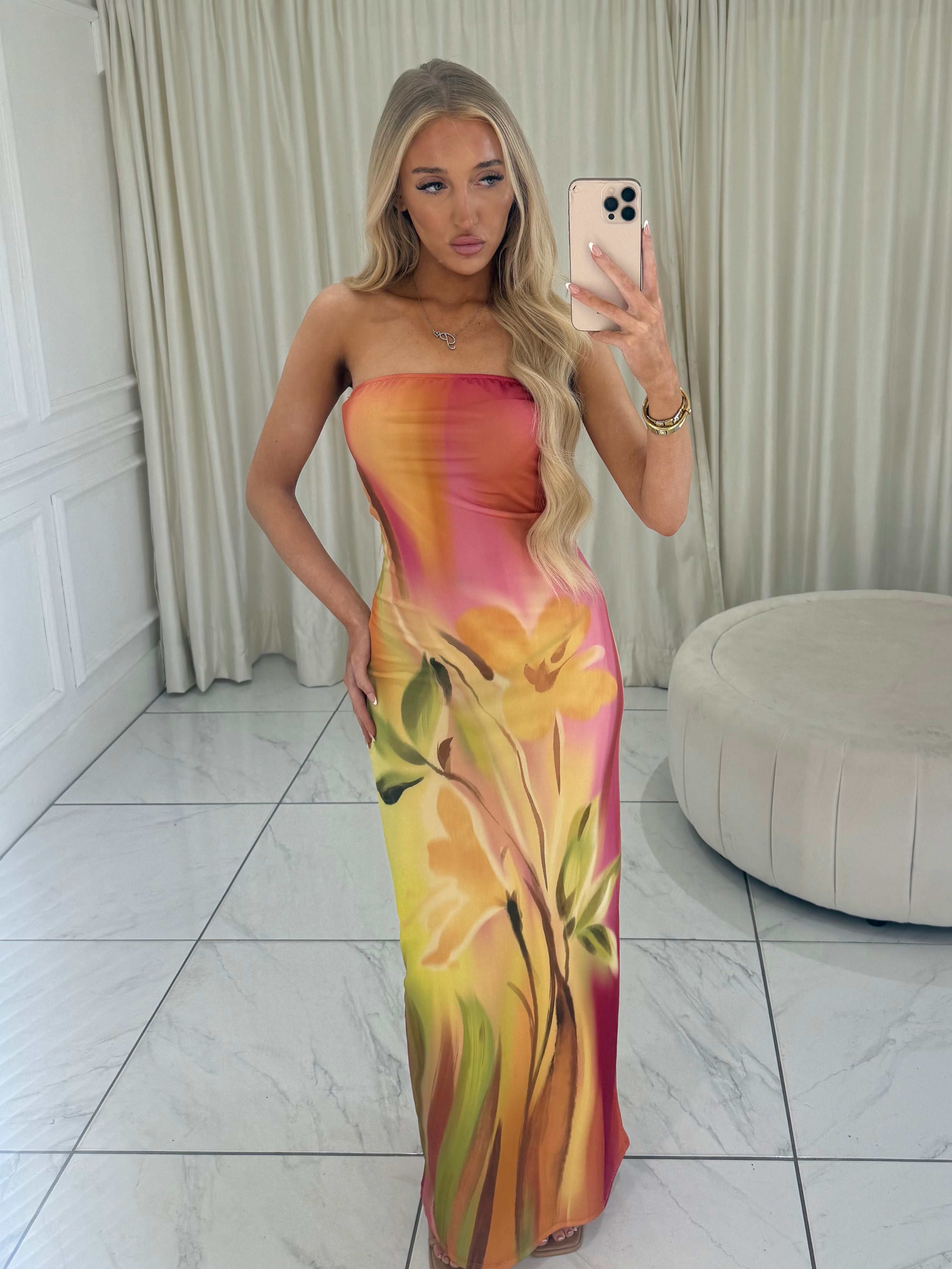 LILA Satin Floral Bandeau Maxi Dress In Pink & Yellow