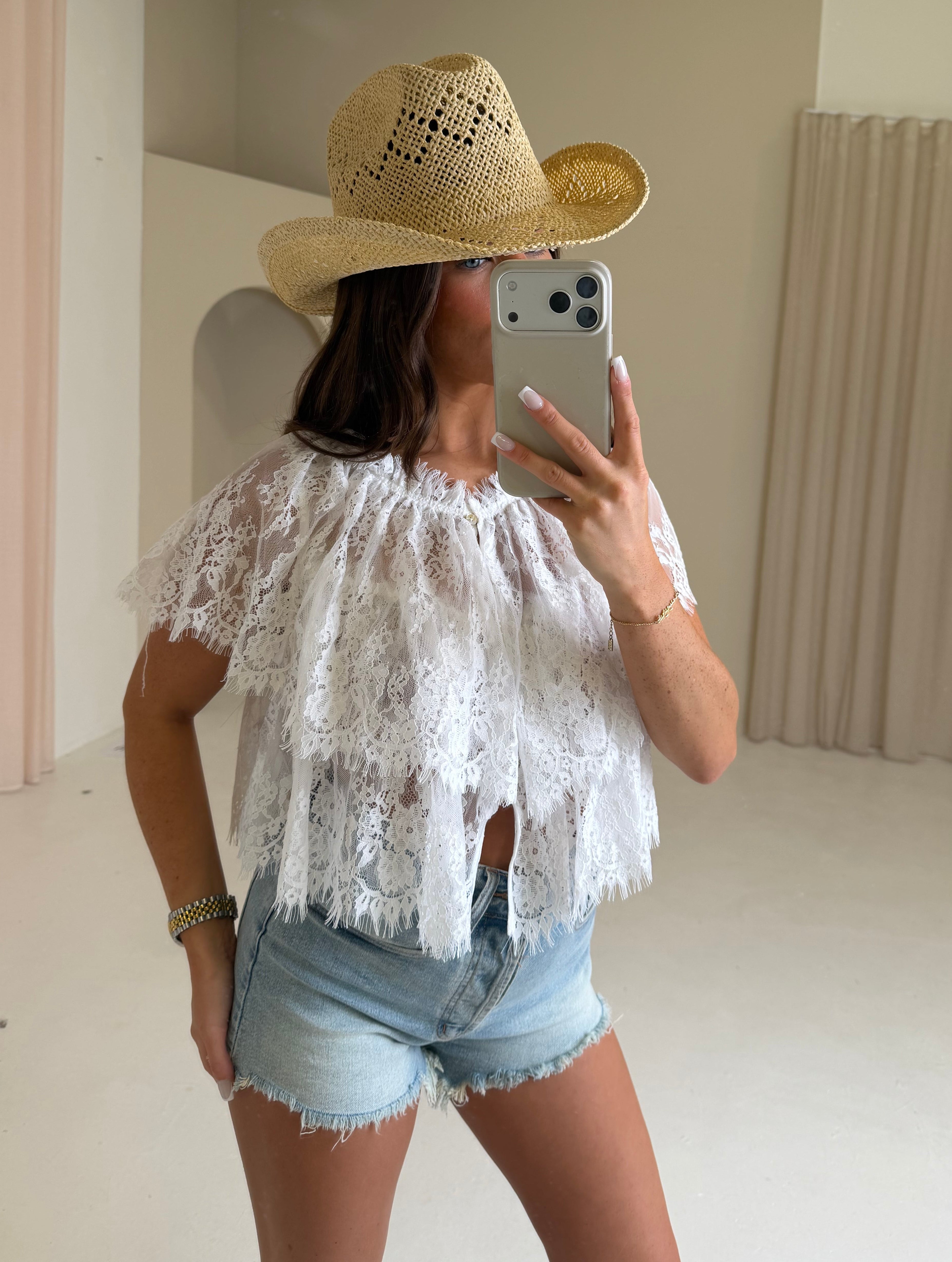 LULA Lace Frill Button Up Top In White