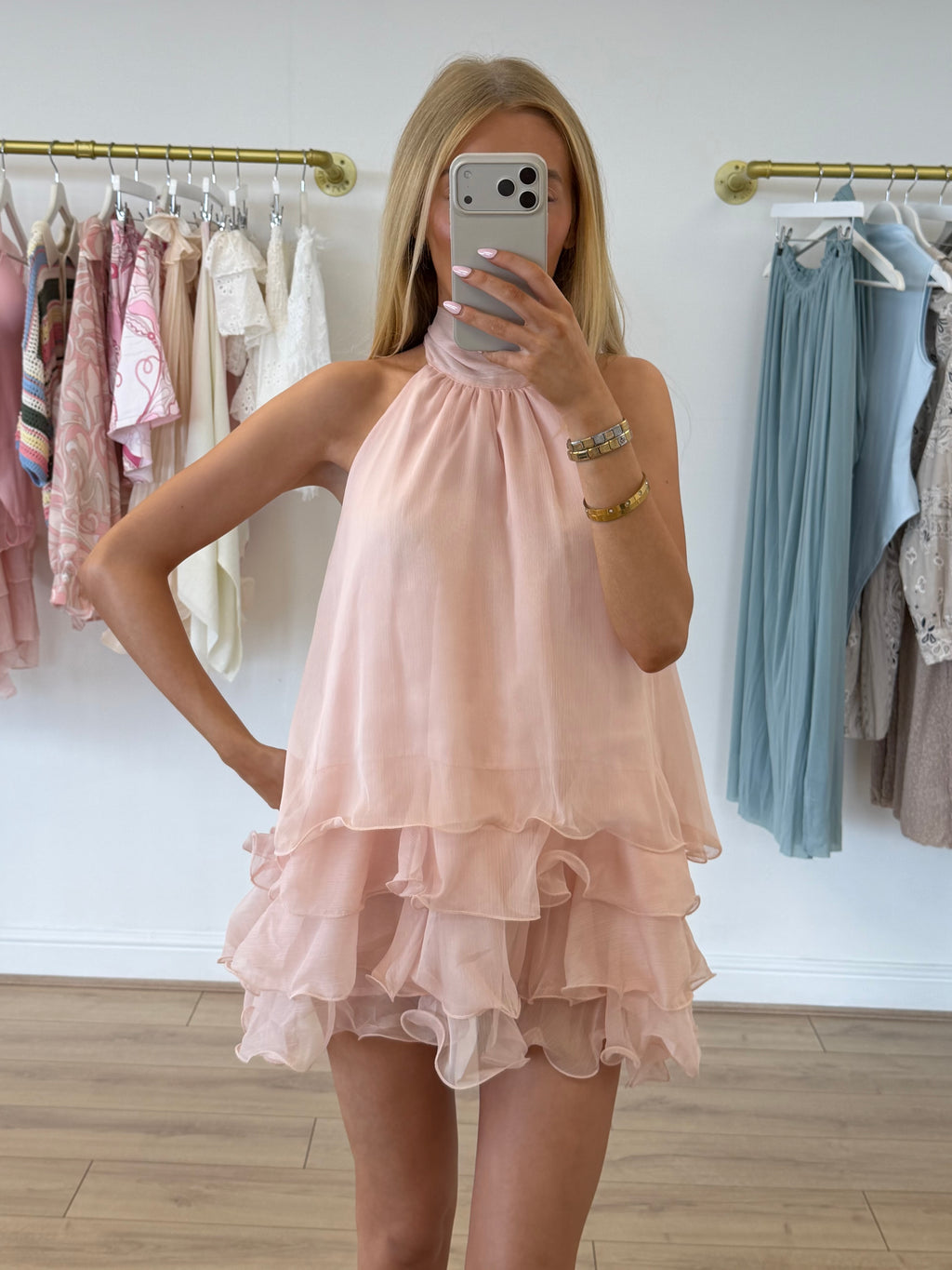 BLISS Halterneck Ruffle Tie Top & Shorts Co-Ord In Blush