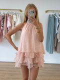 BLISS Halterneck Ruffle Tie Top & Shorts Co-Ord In Blush