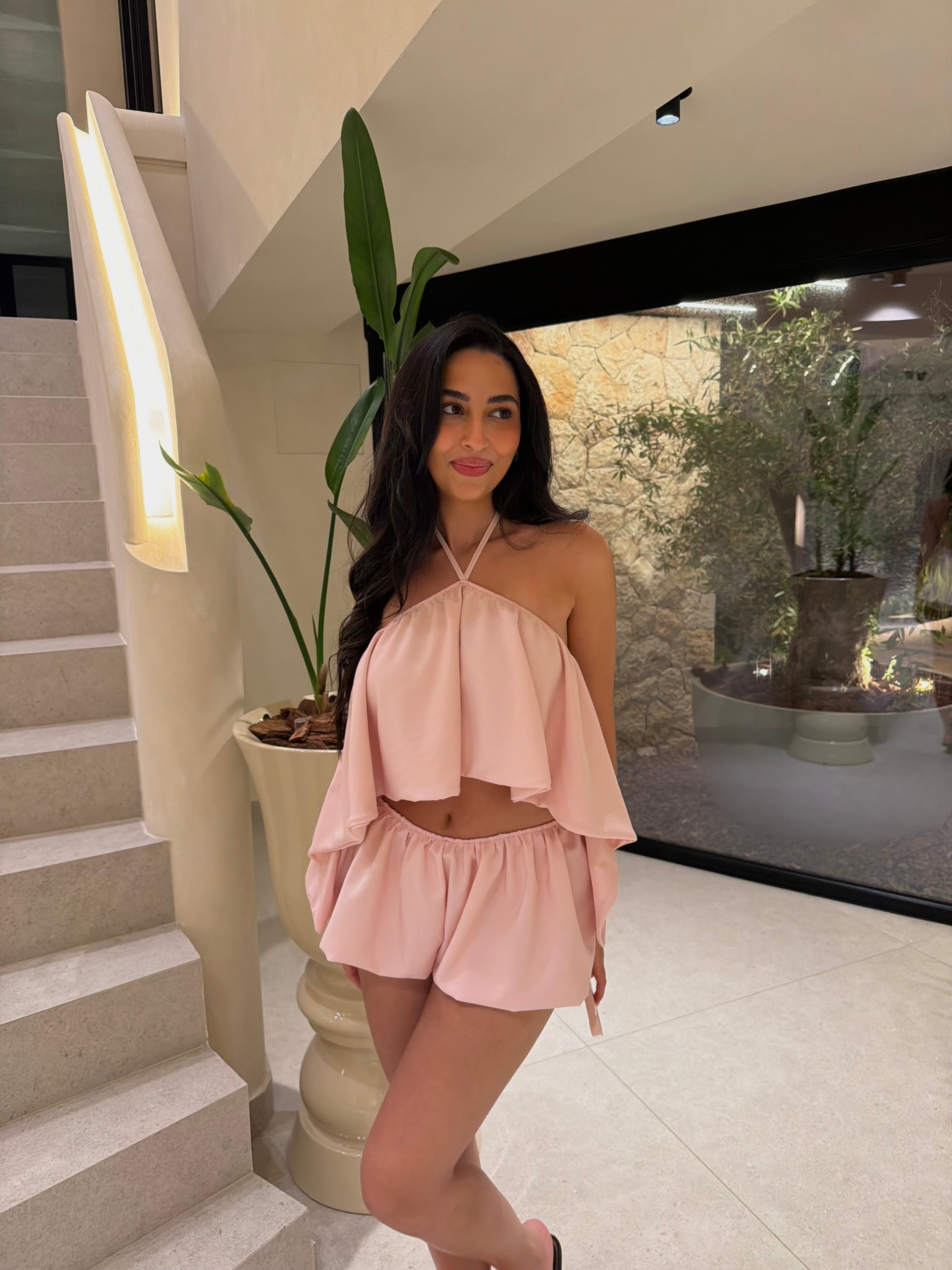 GIGI Halterneck Top & Puff Ball Shorts Co-Ord In Pink
