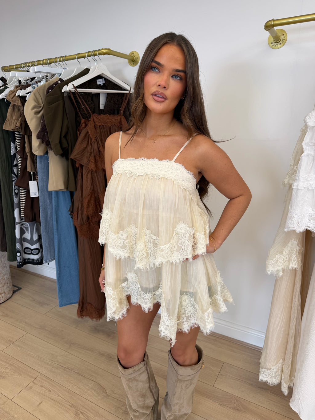 SEREN Chiffon Camisole Lace Frill Top In Beige