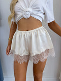 PALOMA Satin Lace Trim Mini Shorts In Ivory