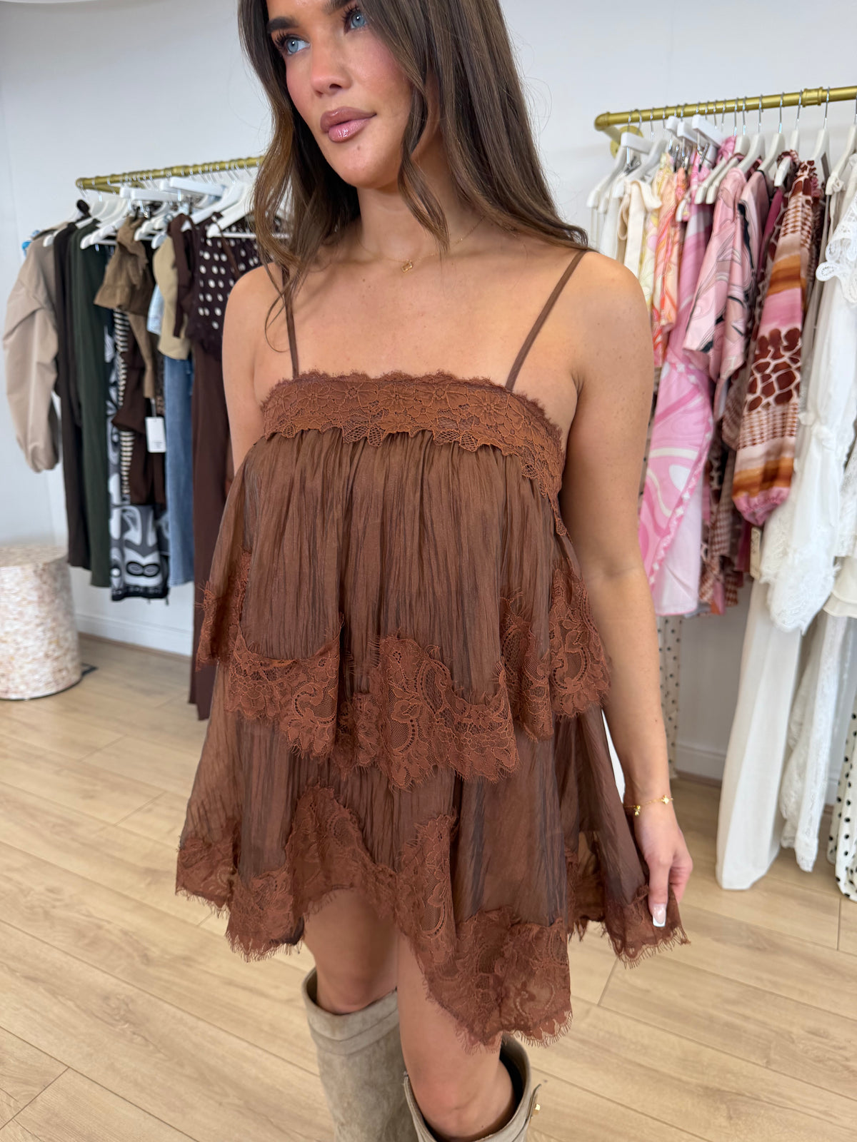 SEREN Chiffon Camisole Lace Frill Top In Mocha