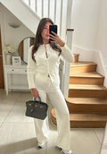 EVERLY Knitted Button Cardigan & Flared Trouser Lounge Set In Vanilla