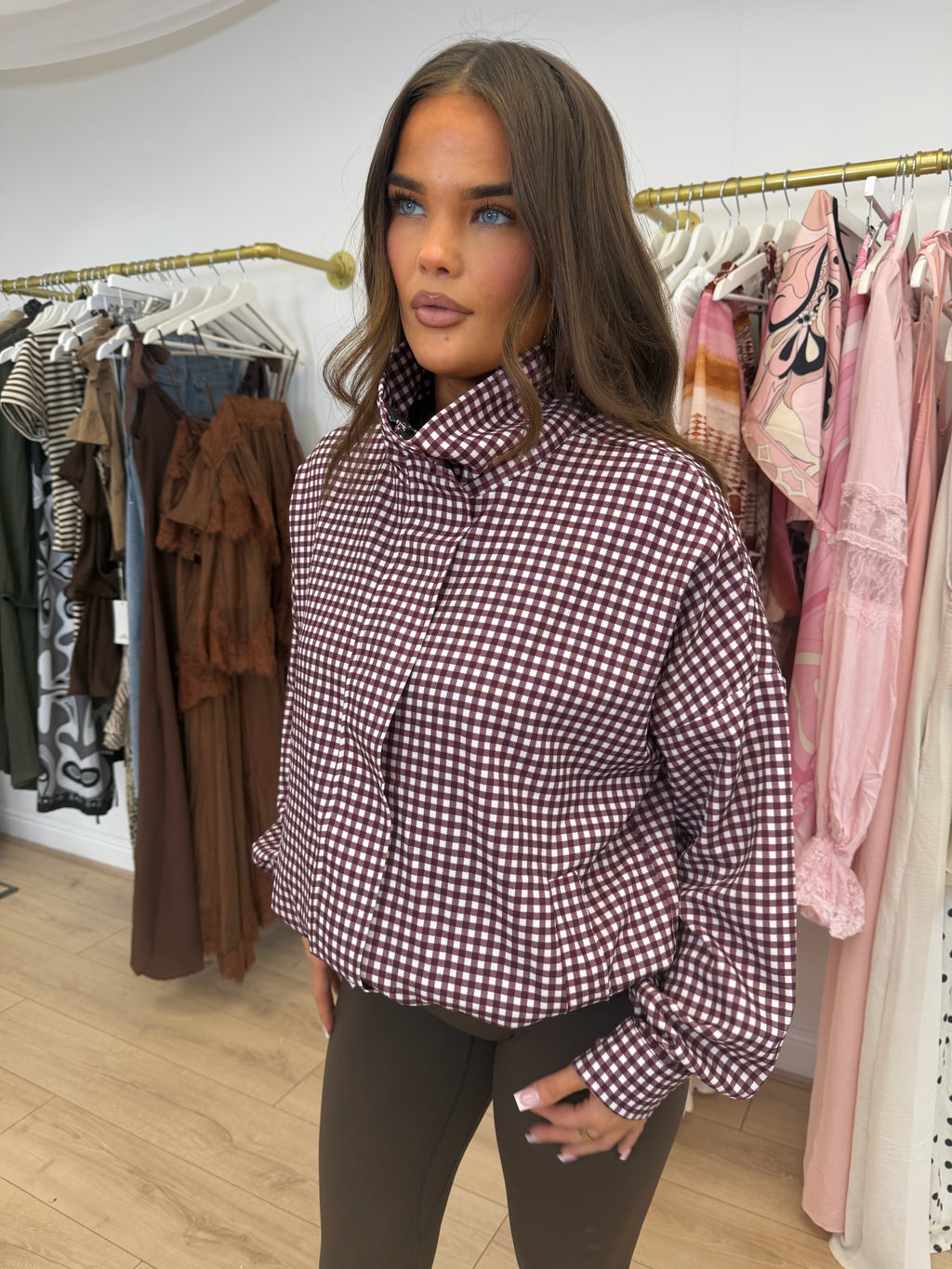 BONNIE Gingham Zip Up Jacket In Burgundy