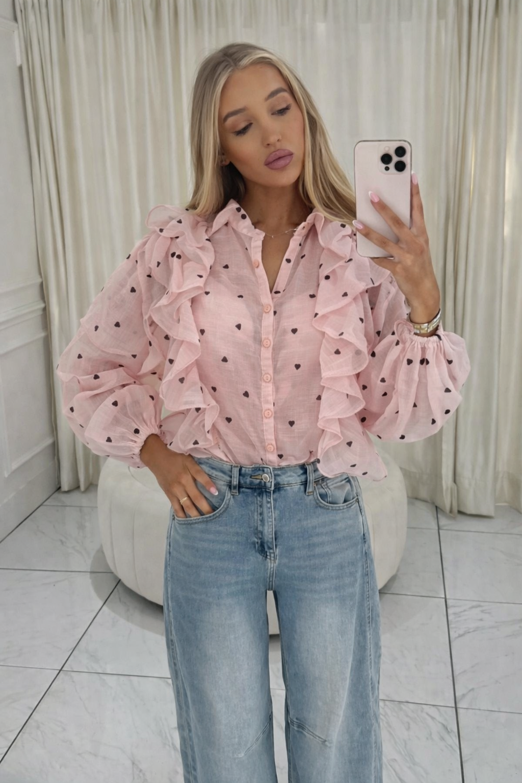 ROSALIE Ruffle Bow Tie Blouse In Baby Pink