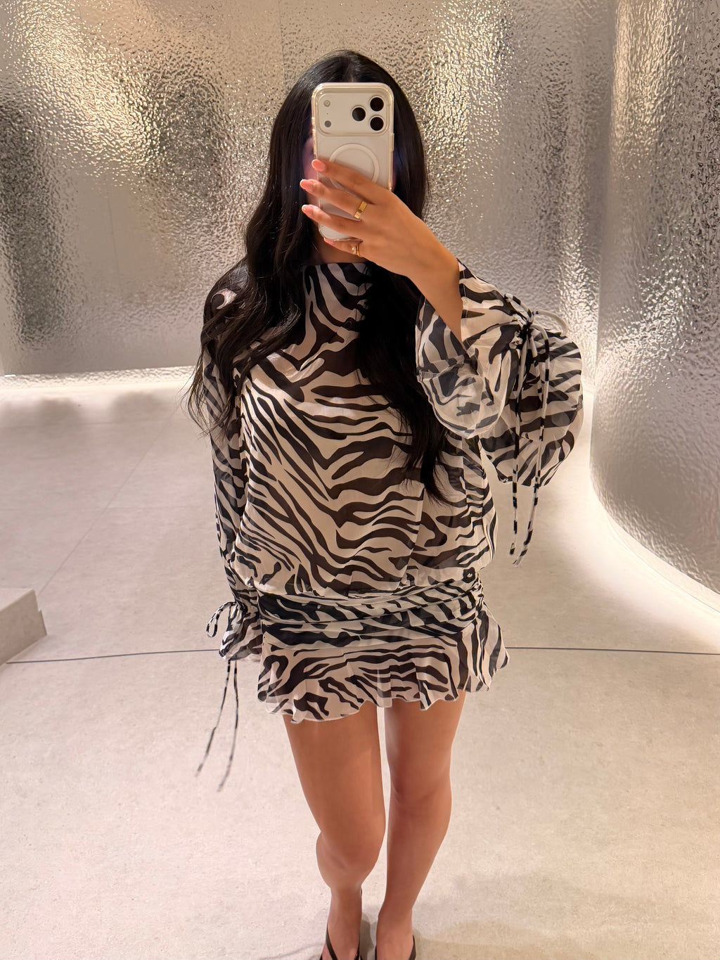 YASMIN Backless Zebra Long Sleeved Ruched Mini Dress