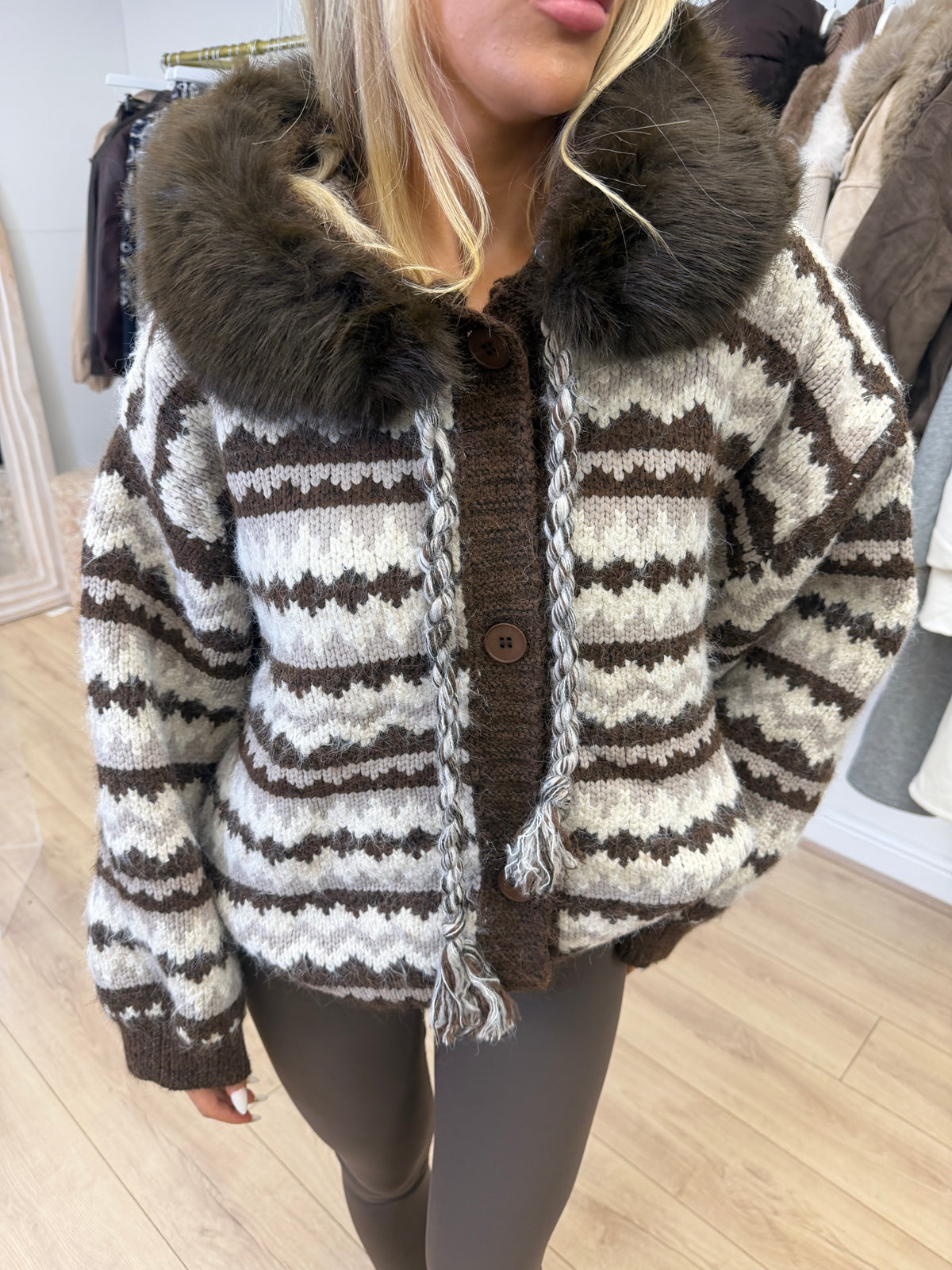 WINNIE Chunky Knitted Faux Fur Hooded Cardigan In Chocolate