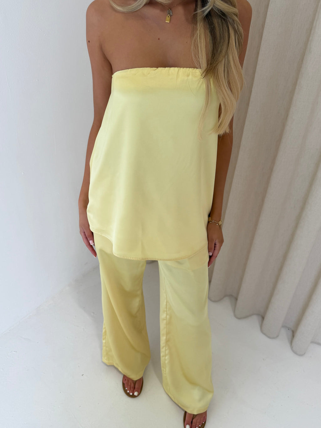 SEREN Satin Bandeau Top & Wide Leg Trousers In Lemon