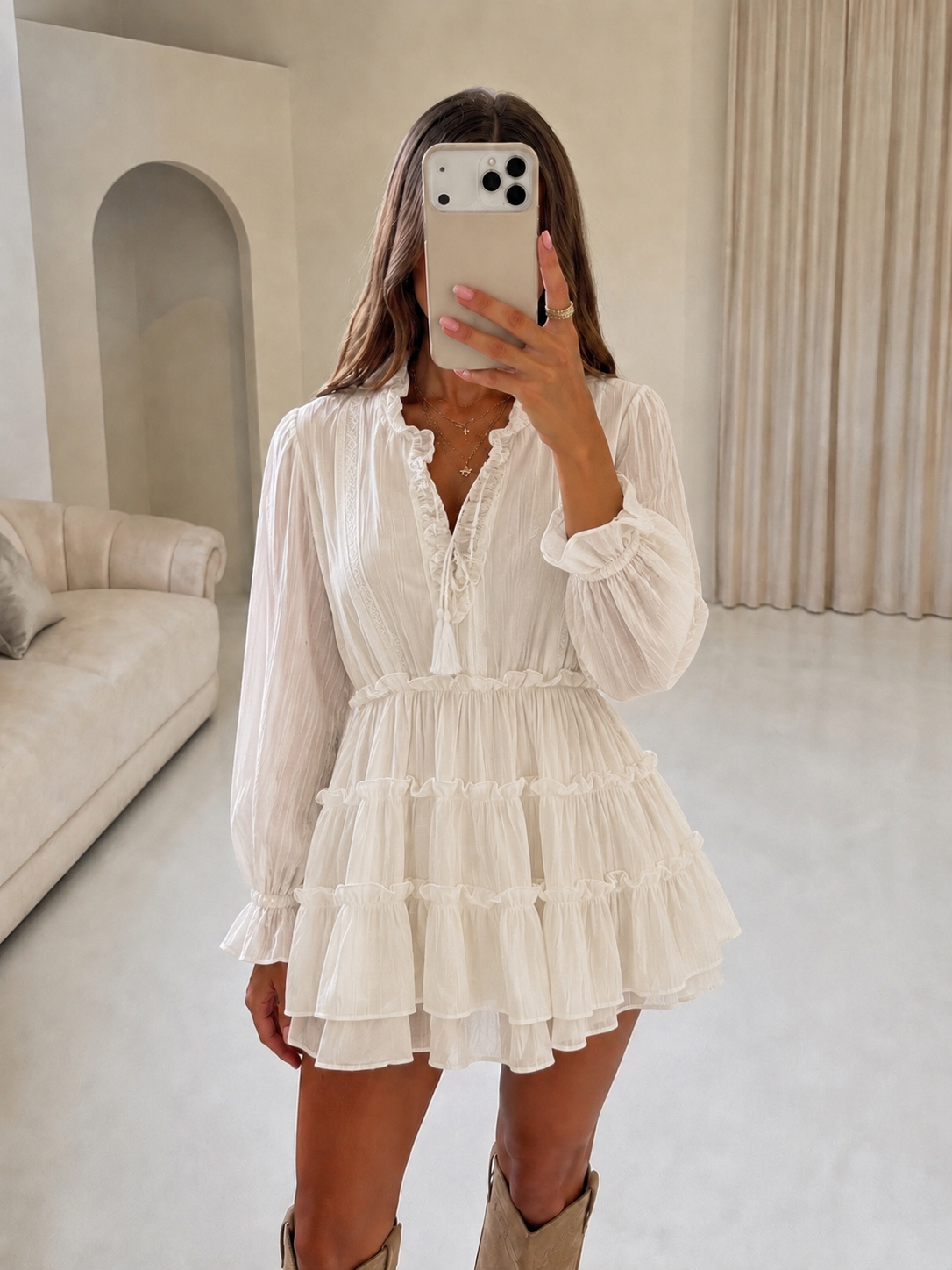 LACIE Ruffle High Neck Dress In Cream