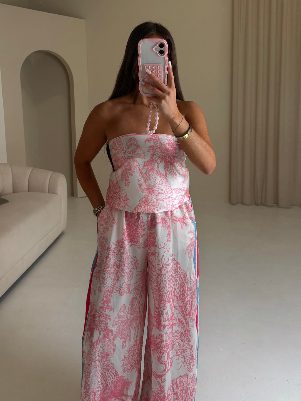 RIVIERA Satin Bandeau Printed Scarf Top & Trouser Co-Ord In Pink