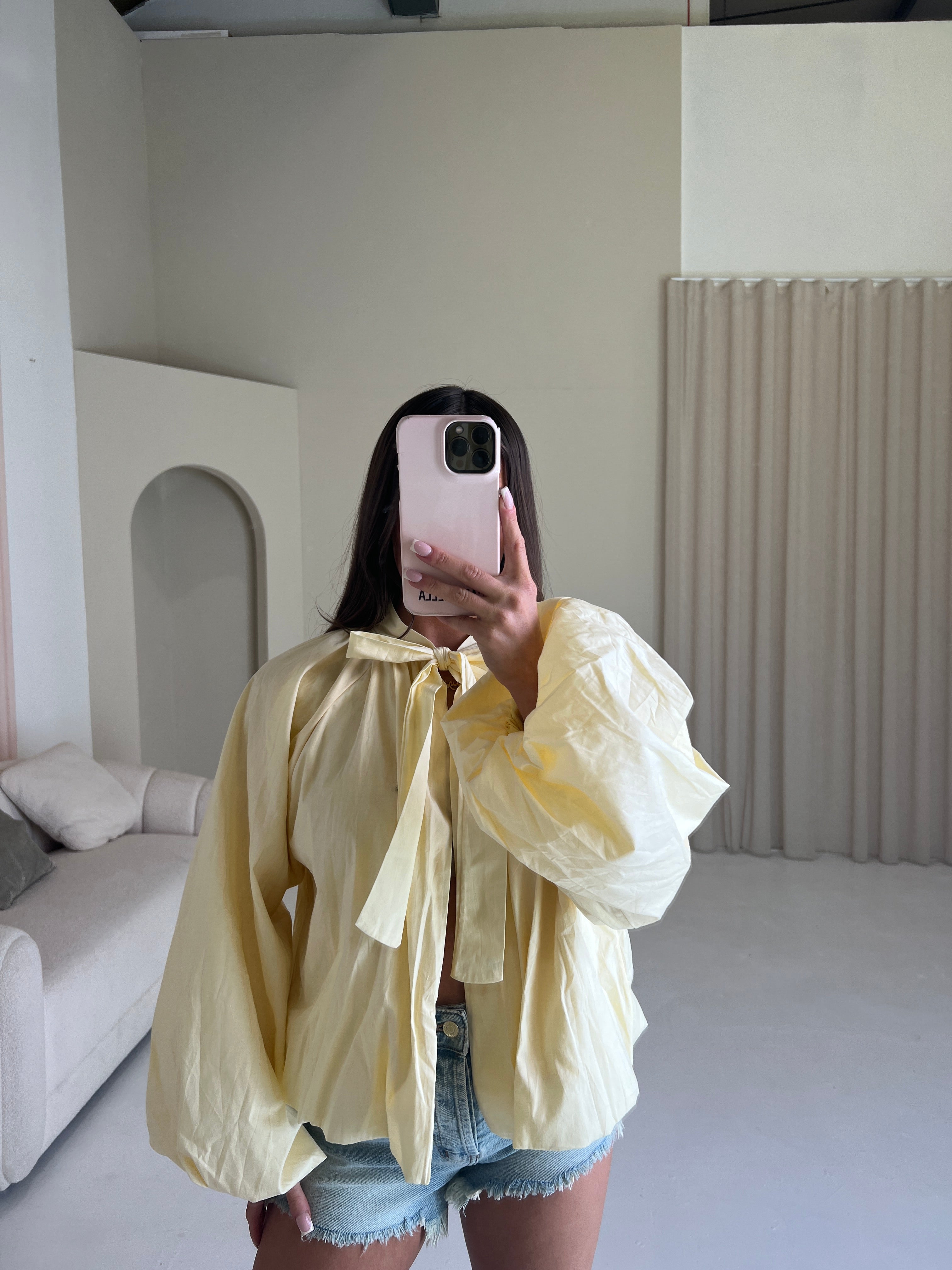 SUMMER Bow Tie Open Back Blouse In Yellow