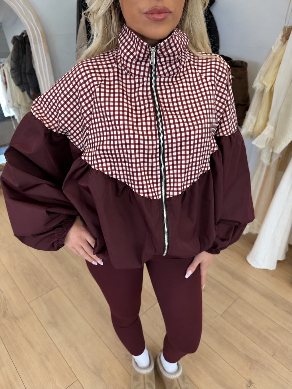 BAMBI Gingham Zip Up High Neck Jacket In Burgundy
