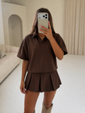 GRACIE Polo Neck Top & Pleated Skirt Co-Ord In Chocolate