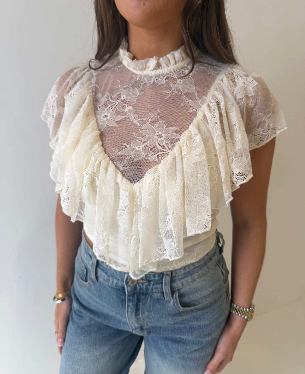 TALLULAH Lace Frill Sleeveless Top In White
