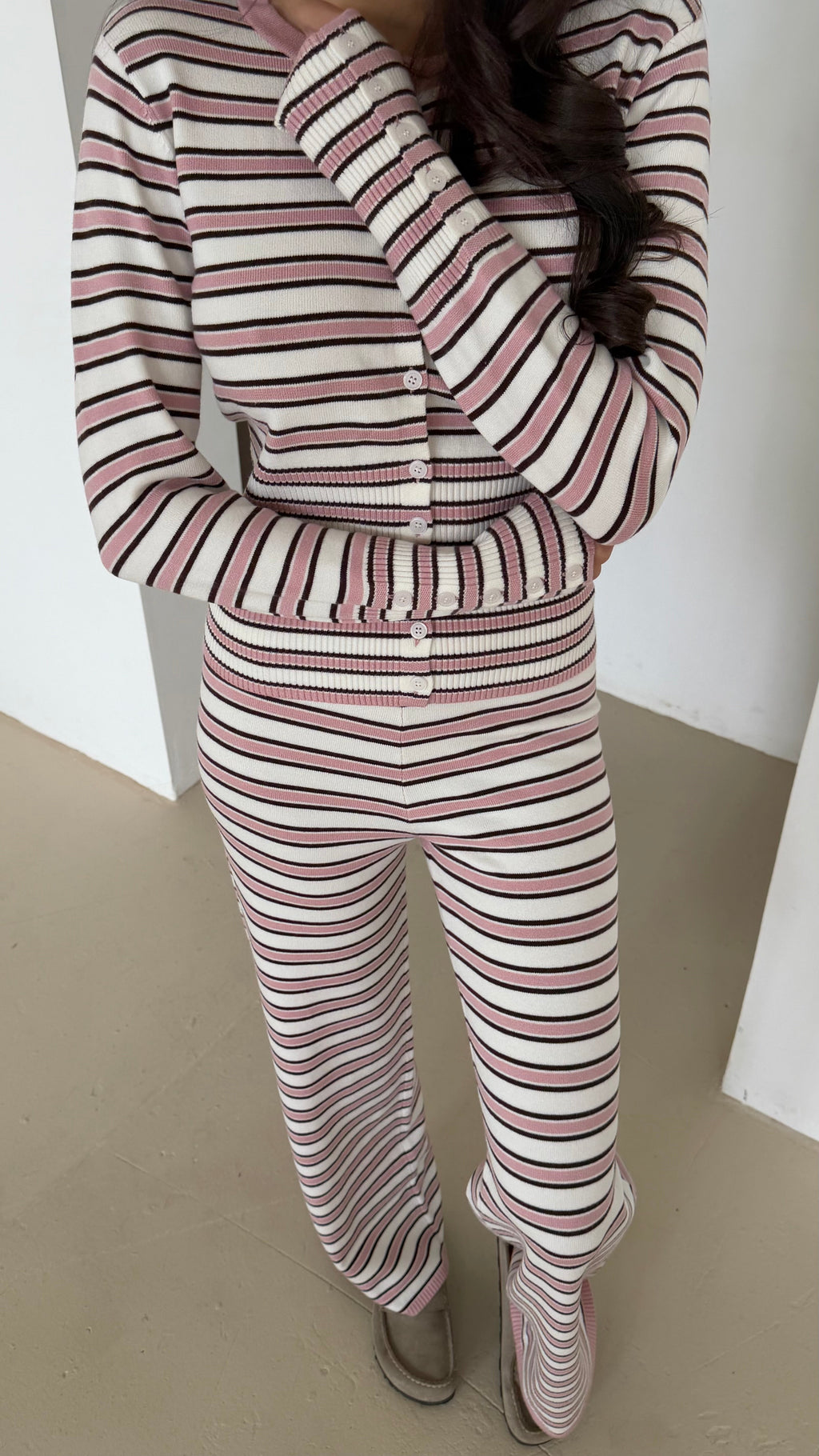 EVERLY Knitted Button Cardigan & Wide Leg Trouser Lounge Set In Strawberry Swirl