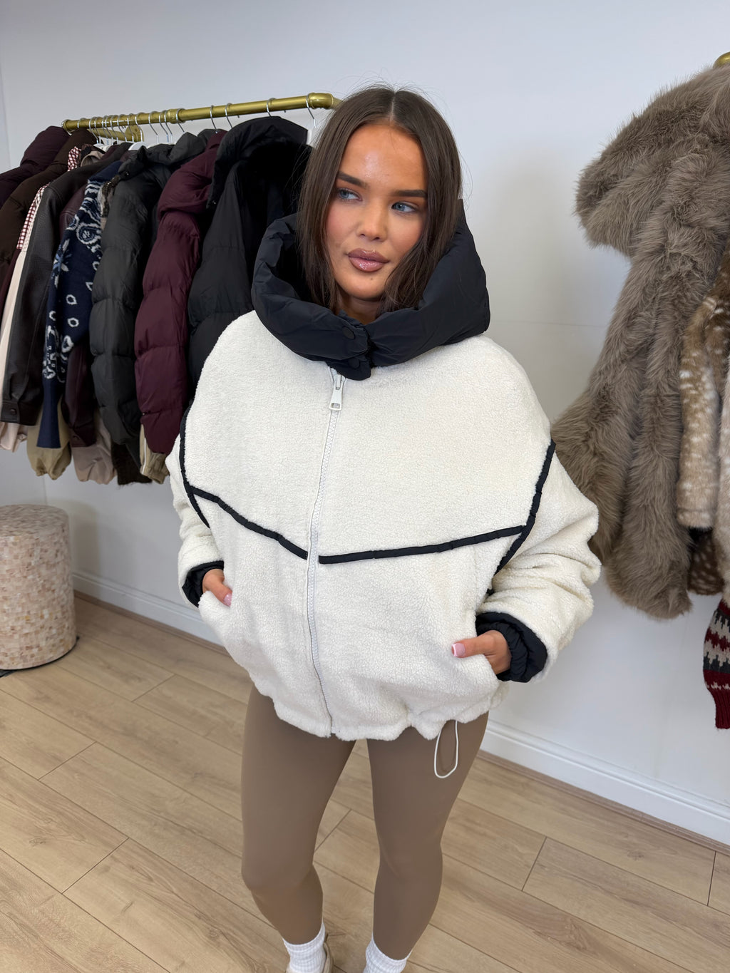 SUNDAY Teddy Fleece Hooded Jacket In White & Black