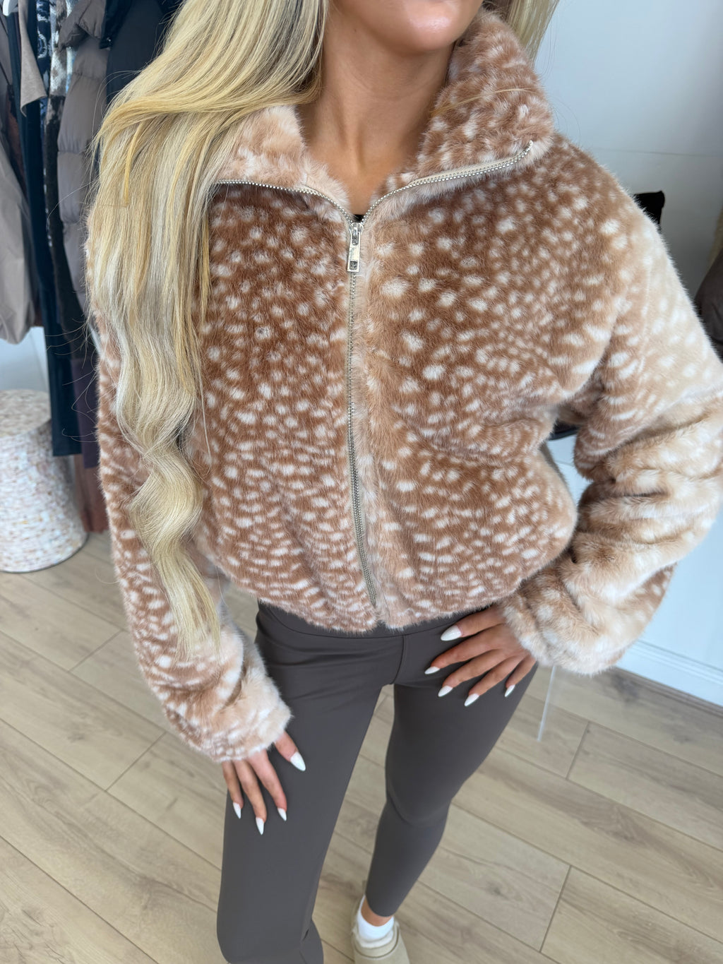 FAWN Faux Fur Deer Print Zip Up Jacket In Beige