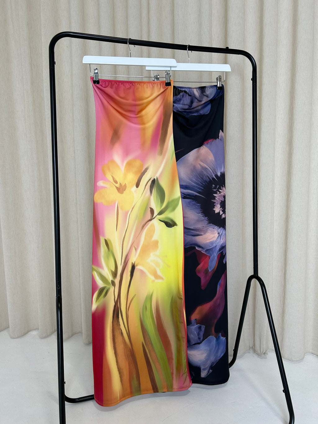 LILA Satin Floral Bandeau Maxi Dress In Pink & Yellow