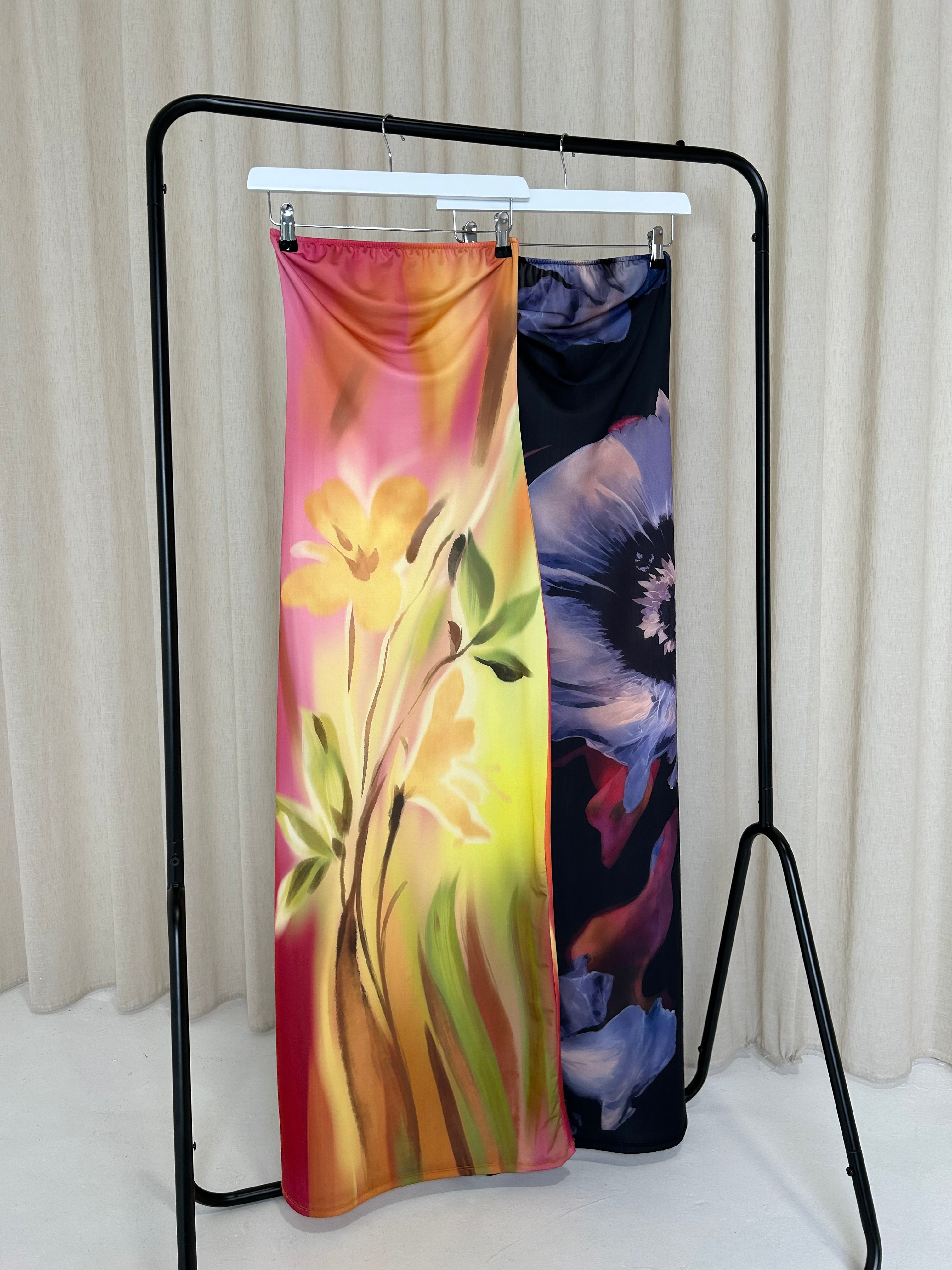 LILA Satin Floral Bandeau Maxi Dress In Pink & Yellow