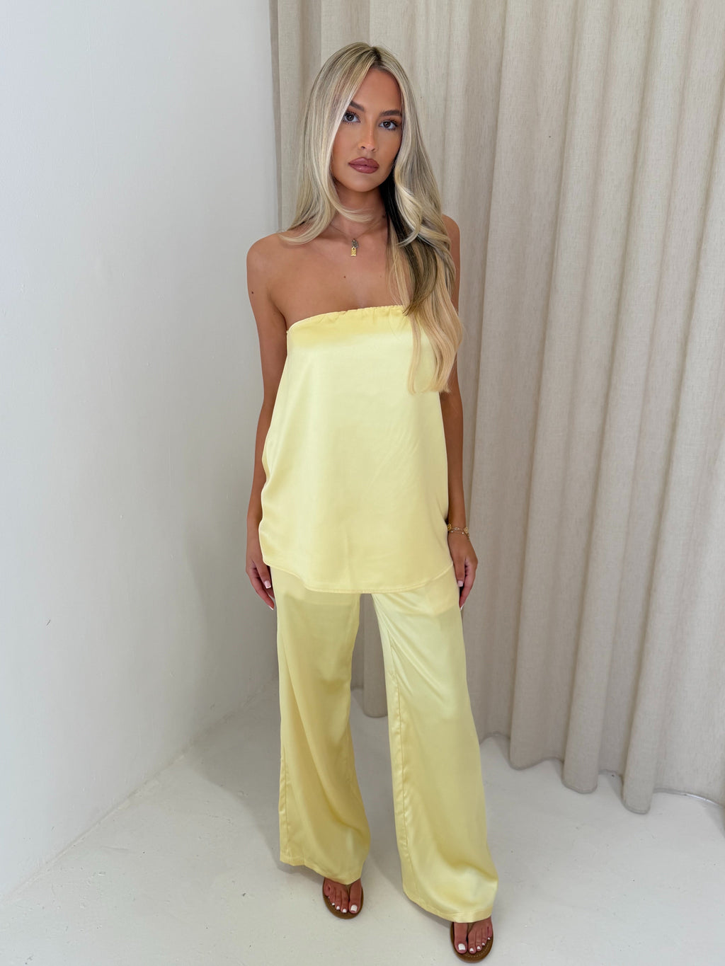 SEREN Satin Bandeau Top & Wide Leg Trousers In Lemon