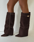 GIA Suede Knee High Foldover Heeled Boots In Chocolate
