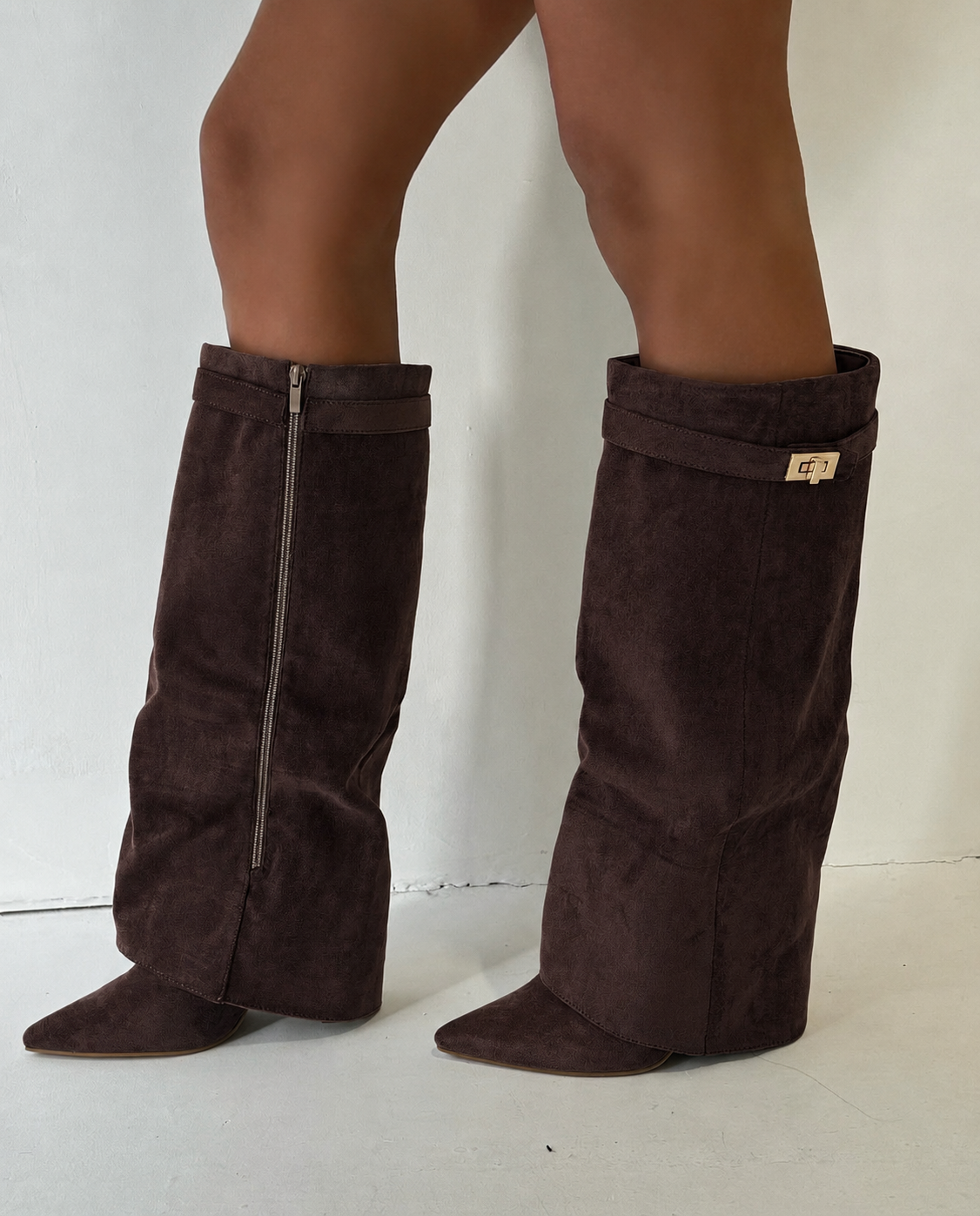 GIA Suede Knee High Foldover Heeled Boots In Chocolate