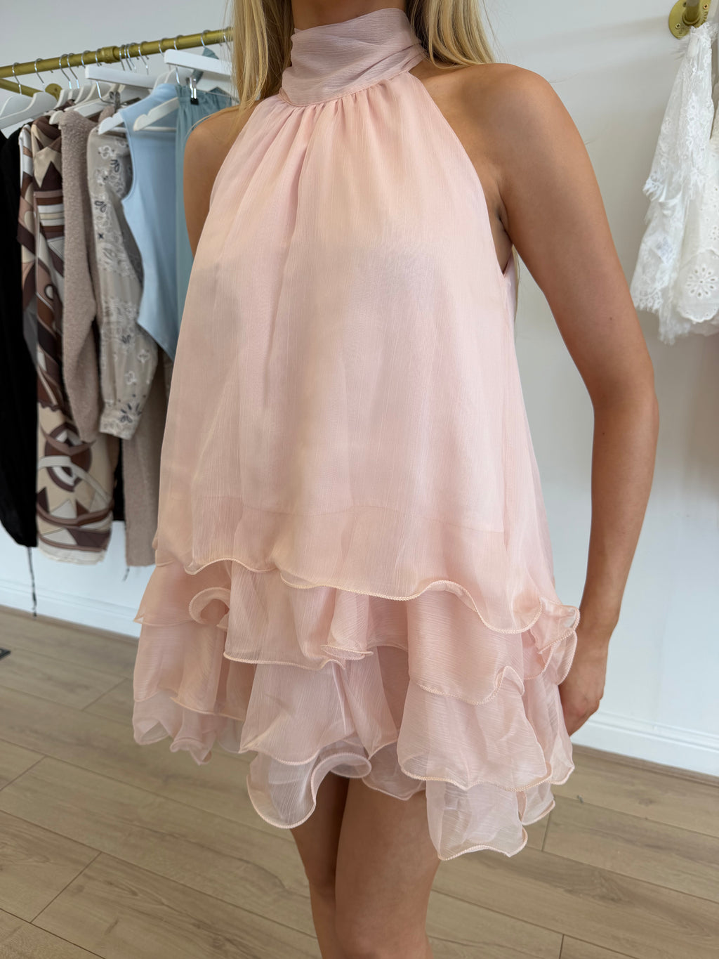 BLISS Halterneck Ruffle Tie Top & Shorts Co-Ord In Blush