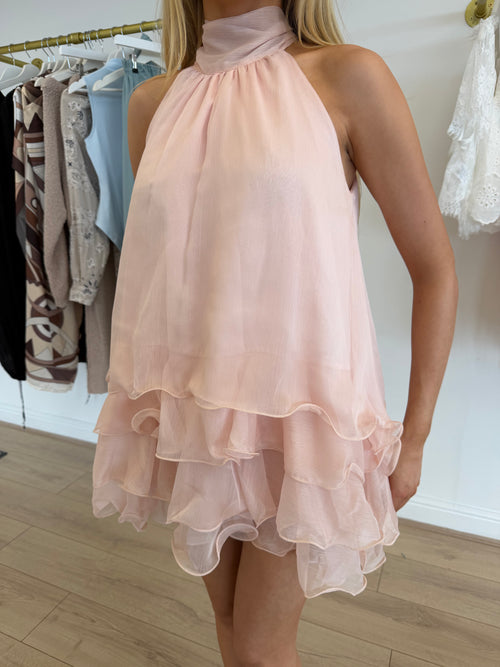 BLISS Halterneck Ruffle Tie Top & Shorts Co-Ord In Blush