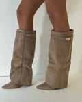 GIA Suede Knee High Foldover Heeled Boots In Beige