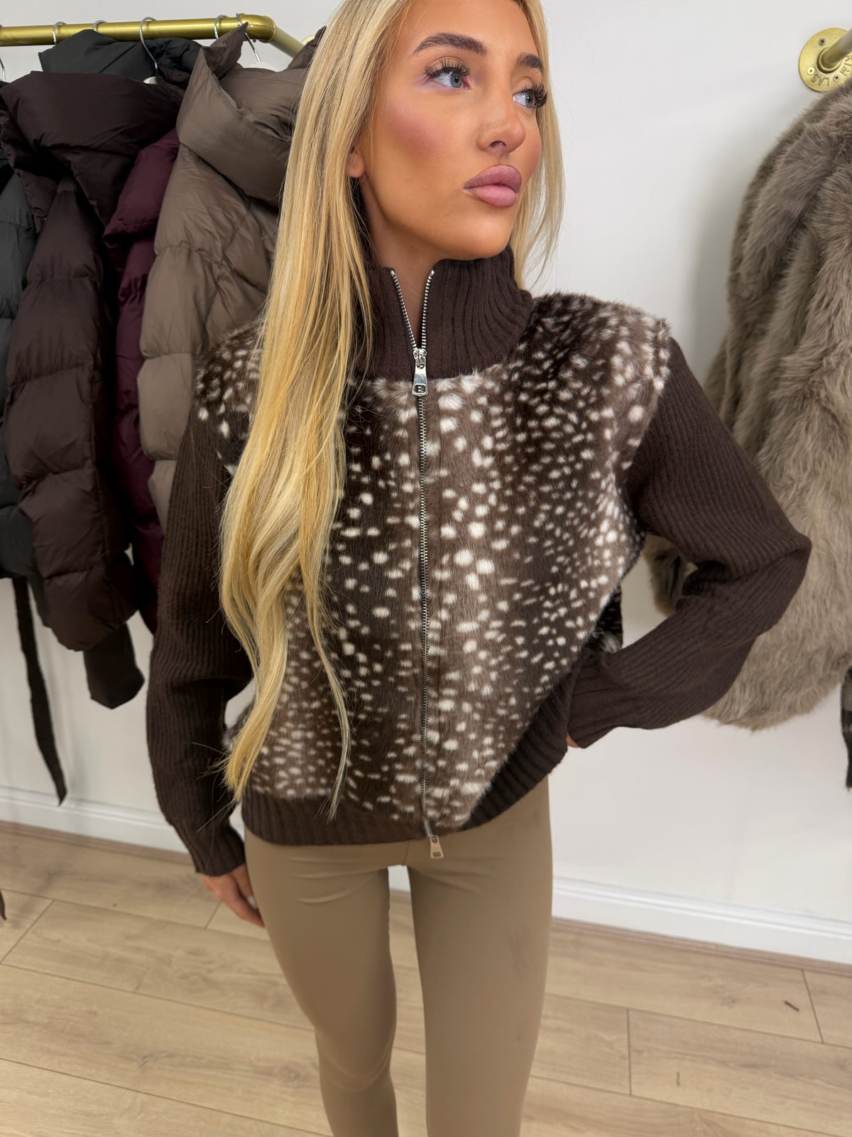 OTTIE Knitted Fawn Printed Zip Up Cardigan In Brown
