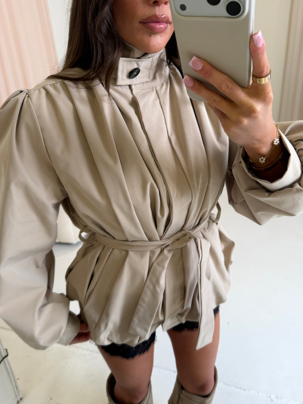 FRANKIE Funnel Neck Belted Jacket In Beige