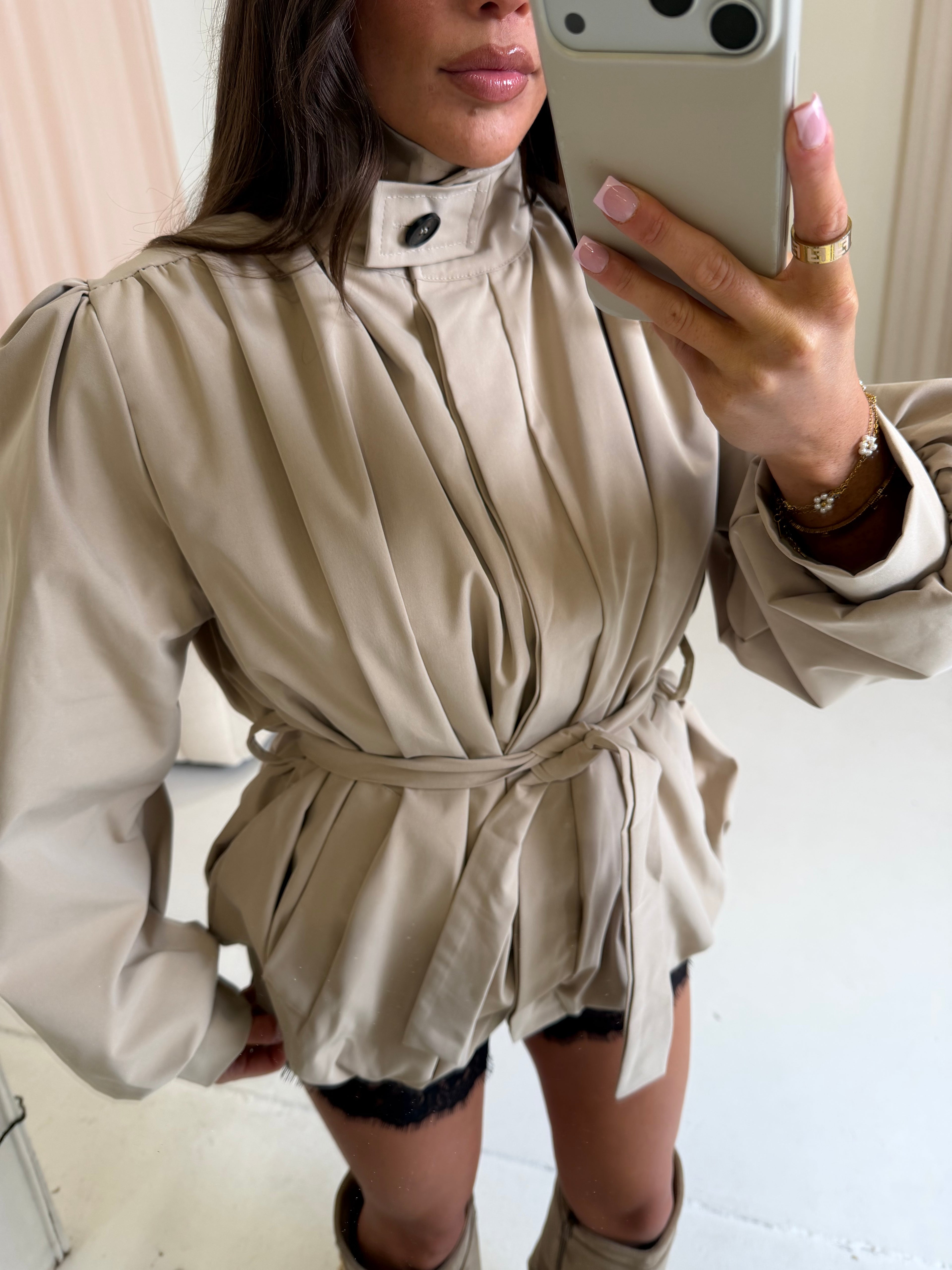 FRANKIE Funnel Neck Belted Jacket In Beige
