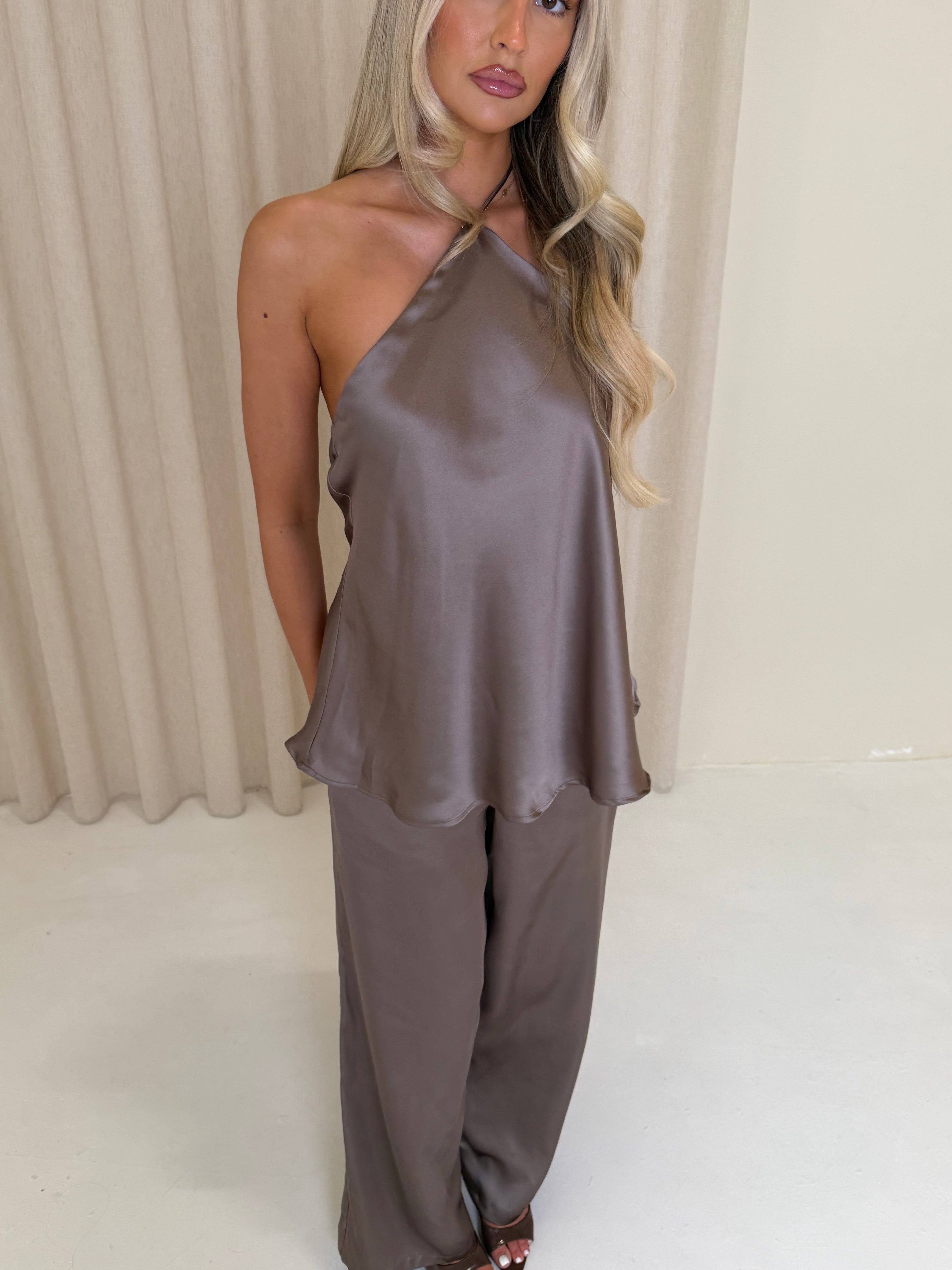 ROMY Satin Halter Neck Top & Trousers Co-Ord In Mocha